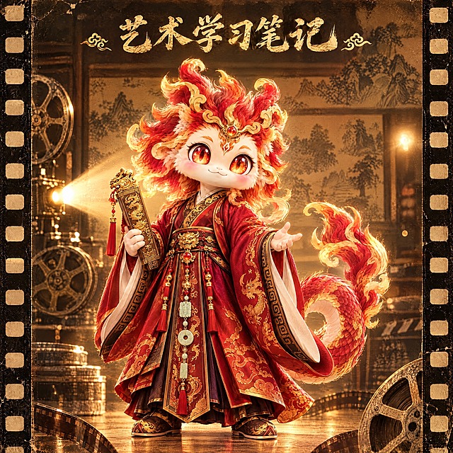 保留第一张图的电影胶片边框、复古放映机、暖光影院背景、顶部金色书法字体的整体构图和风格，将中间的白色小鹿神兽替换为第二张图中的红金色火焰毛发龙形神兽（红金汉服、龙鳞尾巴、手持金色卷轴），神兽姿态自然站立于画面中央，顶部文字改为“艺术学习笔记”，整体保持复古电影质感、暖金色调、3D精致渲染风格，与第一张图的背景氛围完全一致