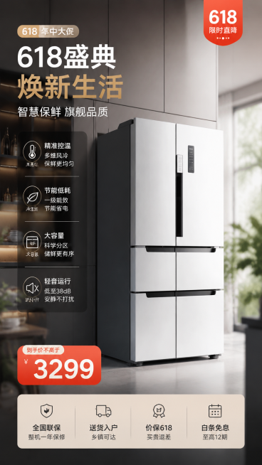 618商业营销海报，展示这款冰箱，包含商品精简的信息图元素，高质感配色，f/2.8柔和景深，照片写实风格，无畸变预览效果