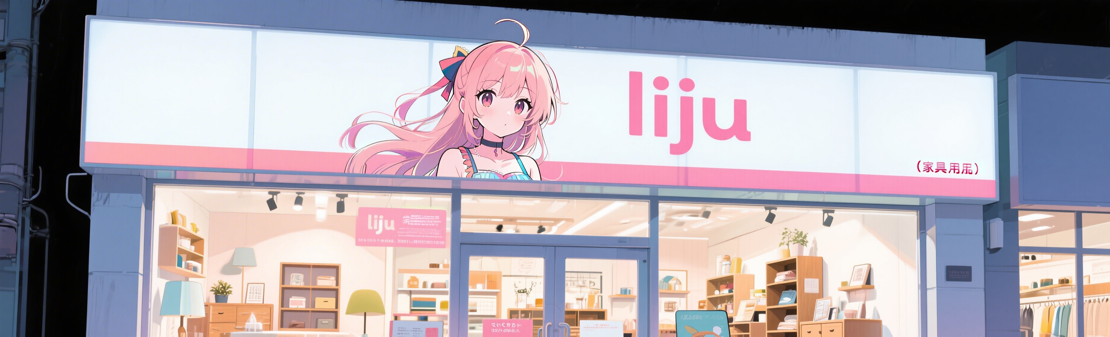 家具日用店店招，包含店铺名称"liju"，画面包含一位动漫美女… - 图片创意预览