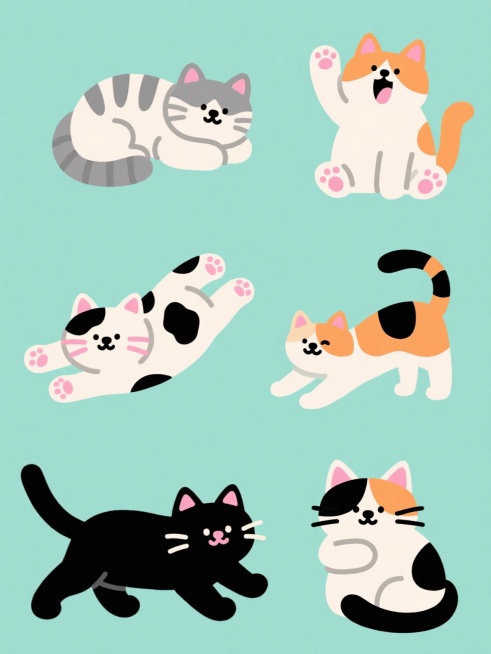 扁平风格卡通插画，六只姿态各异的可爱小猫在浅薄荷绿纯色背景上呈2×3网格规整排布。左上角是侧躺蜷缩的灰白条纹猫，尾巴环绕身体形成心形；右上角为坐姿打哈欠的橘白猫，前爪举在嘴边；左中是四脚朝天的奶牛猫，爪子蜷曲胸前；右中为站立伸懒腰的三花猫，背部弓成弧线；左下是匍匐前进的纯黑猫，前爪交替向前；右下为抱尾而坐的玳瑁猫，耳朵俏皮竖起。所有猫咪均有粉色内耳和肉垫，黑色圆点鼻子与短线条胡须，眼睛或眯或睁……预览效果
