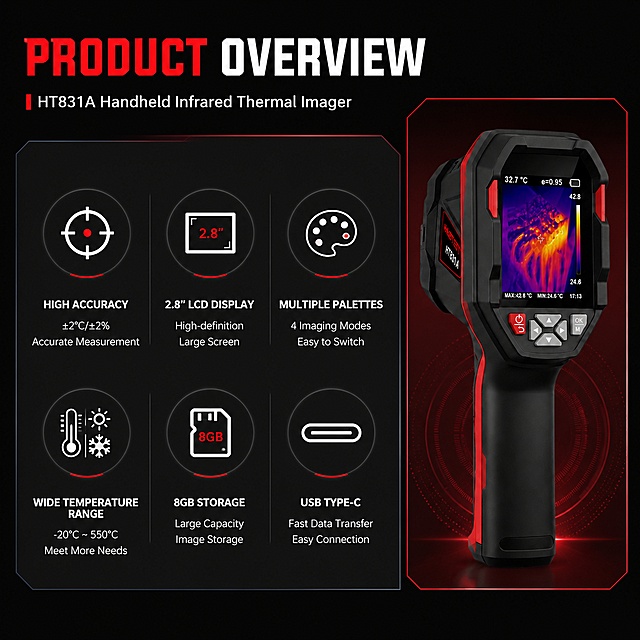 [第2屏] Product Overview - HT831A Handheld Infrared Thermal Imager core feature introduction. This screen uses [image2] as layout reference, [image1] product appearance.
[氛围/风格] Professional industrial design, dark gradient background, consistent with previous screen style, high contrast between title and content, commercial technical document style.
[元素布局] Large title at top, feature icon area in middle, product thumbnail on right. Keep product structure and color matching consistent with input image. Six core feature items arranged in two rows and three columns, each with icon and text description. Use reference image layout hierarchy for reference.
[光影质感] Soft ambient light, clear icon and text contrast, gentle projection to increase layering, no harsh shadow.
[配色色系] Global background color #1a1a1a; title uses red and white; icons use white lineart on dark circular background, text white; product thumbnail frame uses red accent.
[视角构图] Top title, middle features area, right side product vertical layout, clear reading path.
[文字版式] Top main title: PRODUCT OVERVIEW