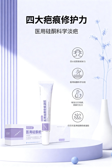 核心卖点总览海报，主标题四大疤痕修护力，副标题医用硅酮科学淡疤，标题上置居中，巴巴乐医用硅酮疤痕凝胶的产品礼盒与软管在画面左侧居中位置，右侧垂直排布四个卖点图标加简短文字，排版左右分栏布局，左图右文，预览效果
