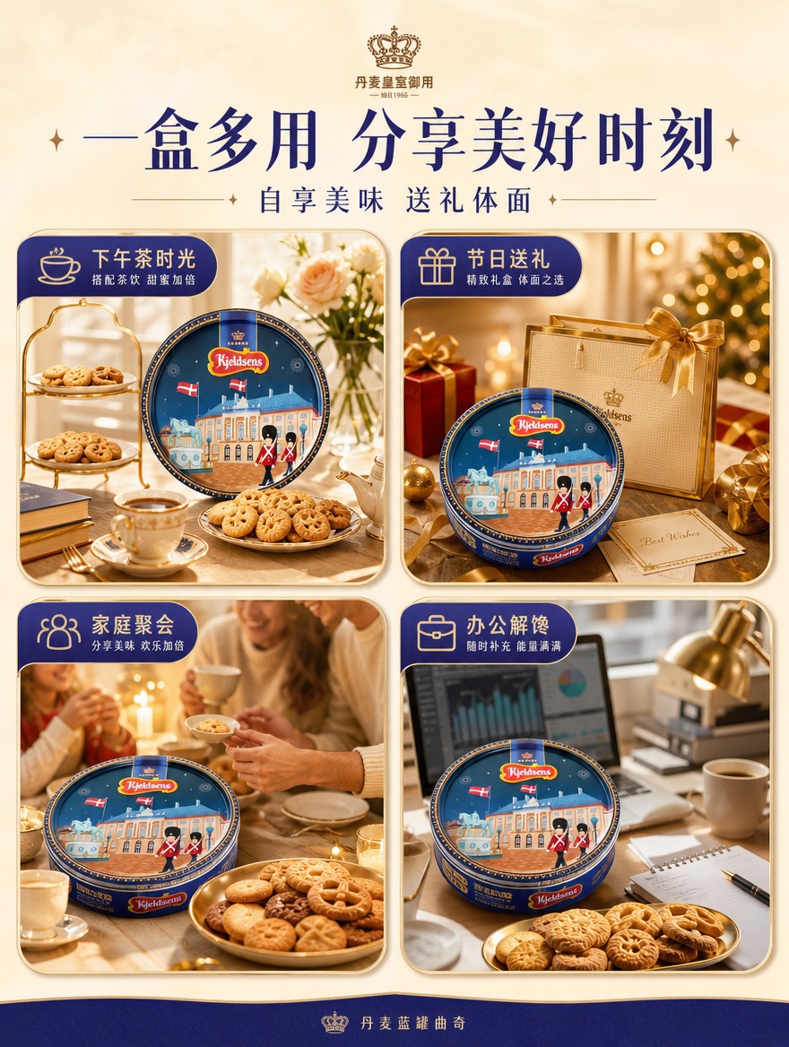 丹麦蓝罐曲奇分享场景页，2x2四格圆角卡片拼图：左上下午茶场景… - 图片创意预览