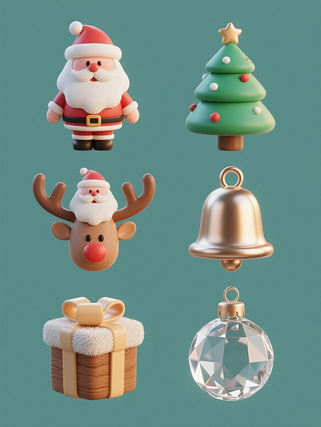 六个完全不同材质的圣诞元素系列素材集合，包含相同造型的圣诞老人、圣诞树、驯鹿、礼物盒、铃铛和圣诞球，每个元素均采用3D立体风格，材质分别为光滑塑料、哑光金属、磨砂玻璃、木纹、毛绒布料和透明水晶，元素规整排布，背景为纯色，整体保持圣诞主题的欢乐氛围和节日元素内容。