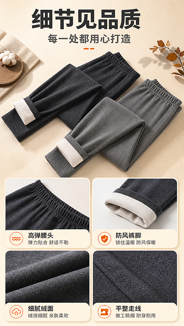 [商品] 使用【图8】男士德绒保暖裤双色平铺（深灰+中灰）；保留颜色、版型、裤脚翻边白绒、松紧腰头、面料材质；自然理顺褶皱，增强绒面质感和缝线清晰度，不改变结构。
[画面] 目标：细节合集宫格，全方位展示品质。构图：上方文字标题，下方4宫格细节展示（腰头、裤脚、面料、走线），用【图4】腰头、【图5】裤脚、【图2】面料、【图5】走线组合。主体占画面75%。背景为浅米黄色。
[视觉] 套系策略：风格=国内电商暖调高级商业摄影；标题字=粗黑无衬线简体中文；正文字=常规无衬线简体中文；主色=深炭灰+暖棕；背景延展=基于暖棕、米灰做深浅层级、同色渐变和细腻织物/木纹质感；强调色=暖橘红，仅用于小面积图标、引线和标签；标题色=深炭灰；正文色=中暖灰；组件=圆角暖底信息卡、细线引线、暖光光晕；光影=左前侧暖柔光，柔和阴影。
[文字] 顶部主标题「细节见品质」，副标题「每一处都用心打造」。4宫格下方分别标注：「高弹腰头」「防风裤脚」「细腻绒面」「平整走线」。
[规格] 图片比例9:16竖版，4K分辨率，medium质量。避免变形、错字、文字过小、冷蓝背景、颜色改变、细节失真、模特、人物。