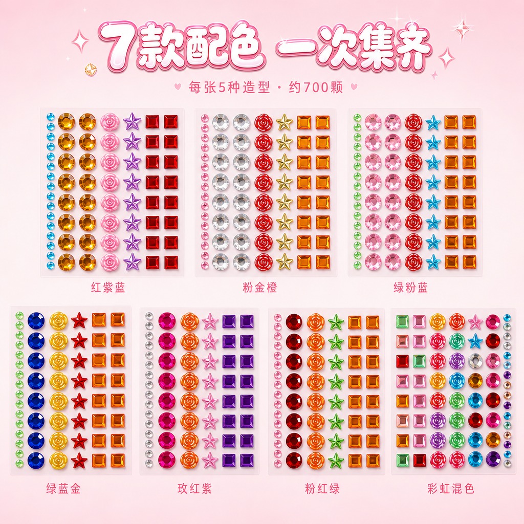 自粘亚克力水晶宝石贴纸7款全家福展示图，1:1正方形1080×… - 图片创意预览