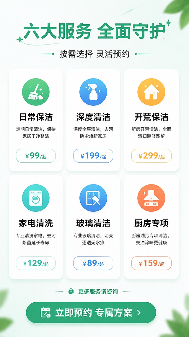 [第3屏] 家政服务项目总览卡片展示。
[氛围/风格] 清新专业，卡片式布局，图标+文字组合，信息层级清晰，商业设计感。
[元素布局] 画面顶部为标题区，下方是2x3的服务卡片网格，共6张服务项目卡片，每张卡片包含：彩色图标、服务名称、简短说明、价格标签；卡片内容分别为：日常保洁、深度清洁、开荒保洁、家电清洗、玻璃清洁、厨房专项；卡片之间有均匀间距，背景为浅色渐变，底部有「更多服务请咨询」引导。
[光影质感] 卡片有轻微投影和圆角，悬浮感设计，整体光线均匀明亮，无强烈阴影。
[配色色系] 全局底色 #F5F9F7 浅青白；主色 #2BAE8F 清新绿用于标题和重点卡片；辅助色 #4A90D9 蓝、#FFB84D 黄、#FF8A65 橙分别用于不同类别卡片图标；卡片底色为白色。
[视角构图] 垂直排版，从上到下阅读，卡片网格居中对齐，信息密度适中。
[文字版式] 顶部大标题「六大服务 全面守护」，副标题「按需选择 灵活预约」；每张卡片内：上方圆形彩色图标，中间服务名称加粗大字，下方小字说明，右下角小标签价格/起；底部绿色按钮样式文字「立即预约 专属方案」；所有文字清晰可读，无衬线黑体。
[比例分辨率] 9:16 竖版比例，4K 分辨率，文字清晰可辨，高清画质。
[负向提示词] 变形，水印，文字错乱，文字过小，卡片变形，颜色偏差，低俗。
