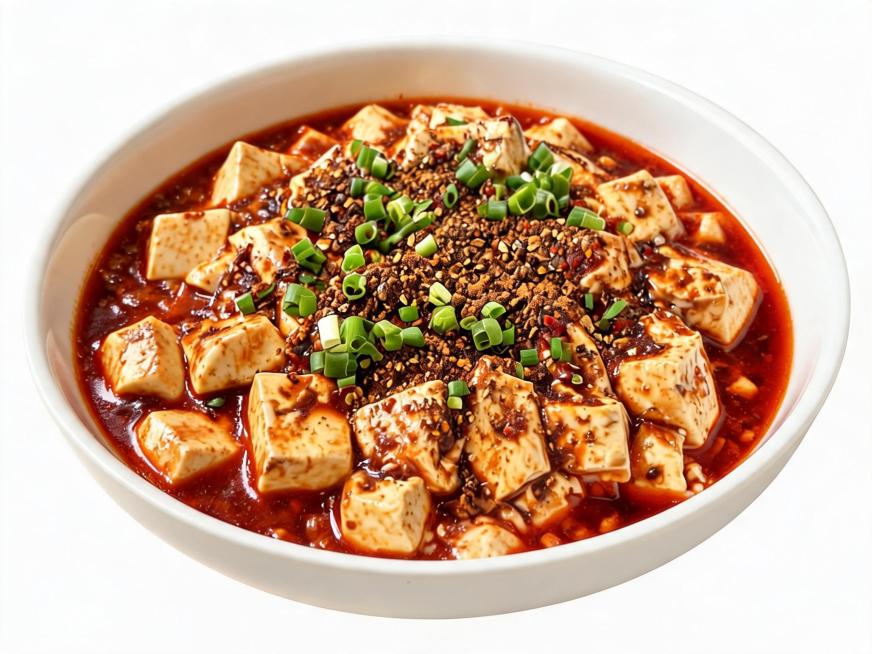 将麻婆豆腐这道菜的背景替换为纯白色，保留碗和麻婆豆腐主体不变预览效果