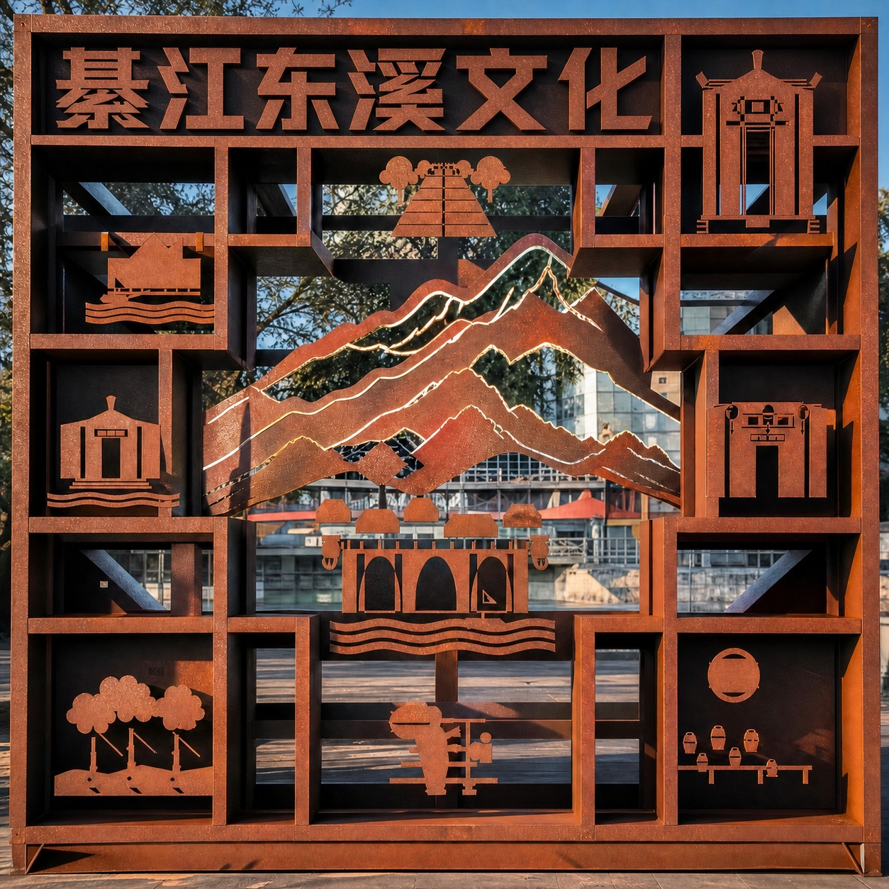 在这幅耐候金属板激光切割灯箱画的顶部框架区域，以激光切割镂空的… - 图片创意预览
