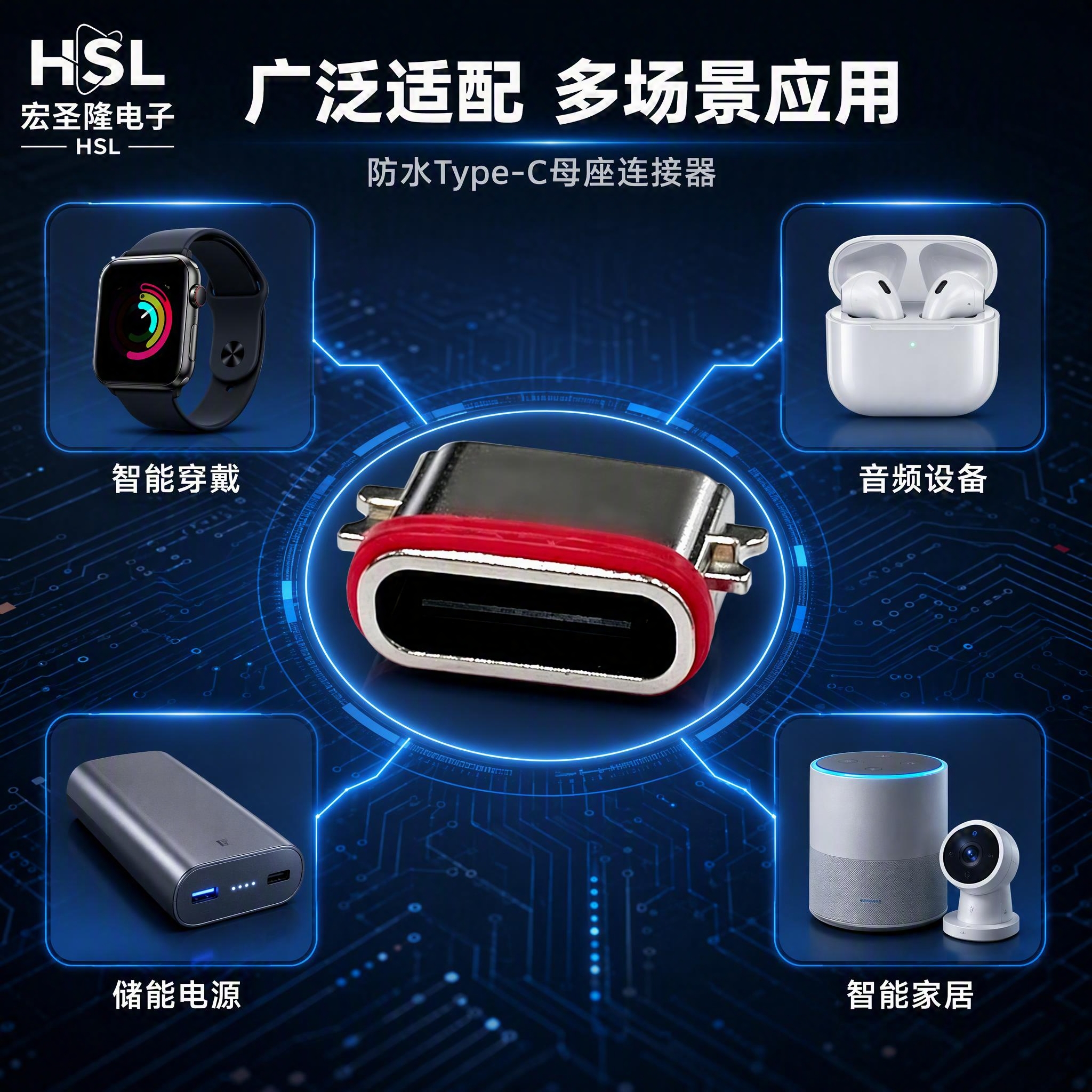 [主图-4] 应用场景与适配图，展示防水Type-C母座在各类… - 图片创意预览