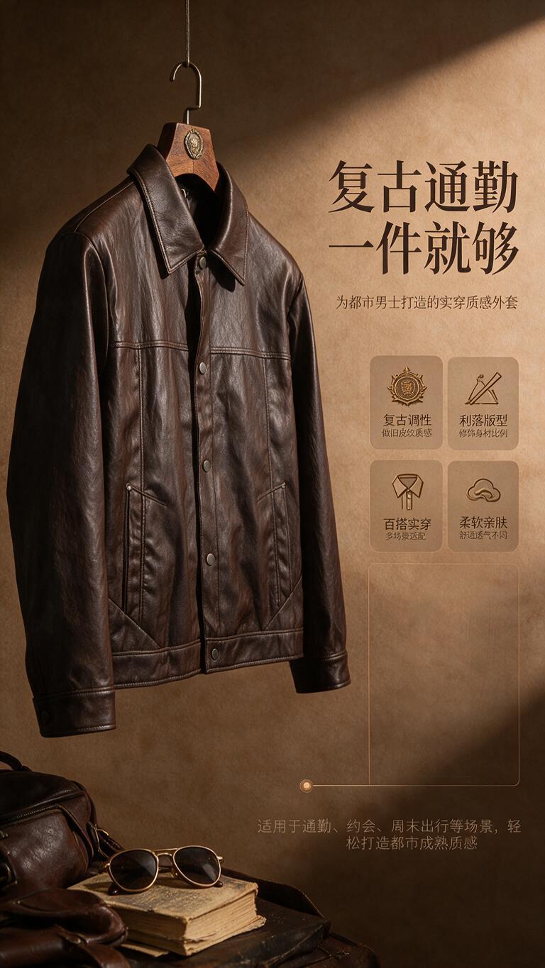 [商品] 使用【图1】深棕色翻领PU皮夹克；商品处理：保留翻领… - 图片创意预览
