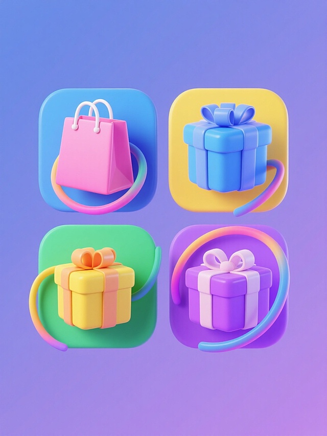 一组四个不同元素的3D渲染图标，保持相同的光滑渐变材质和简约风格，元素分别为：粉色购物袋、蓝色礼盒、黄色礼物盒、绿色包裹，每个元素周围都有彩色流线型装饰，纯色背景，整体色彩变换为蓝、黄、绿、紫四种不同色调，规整排列成2x2网格，光影柔和，高光清晰，具有现代感和设计感。