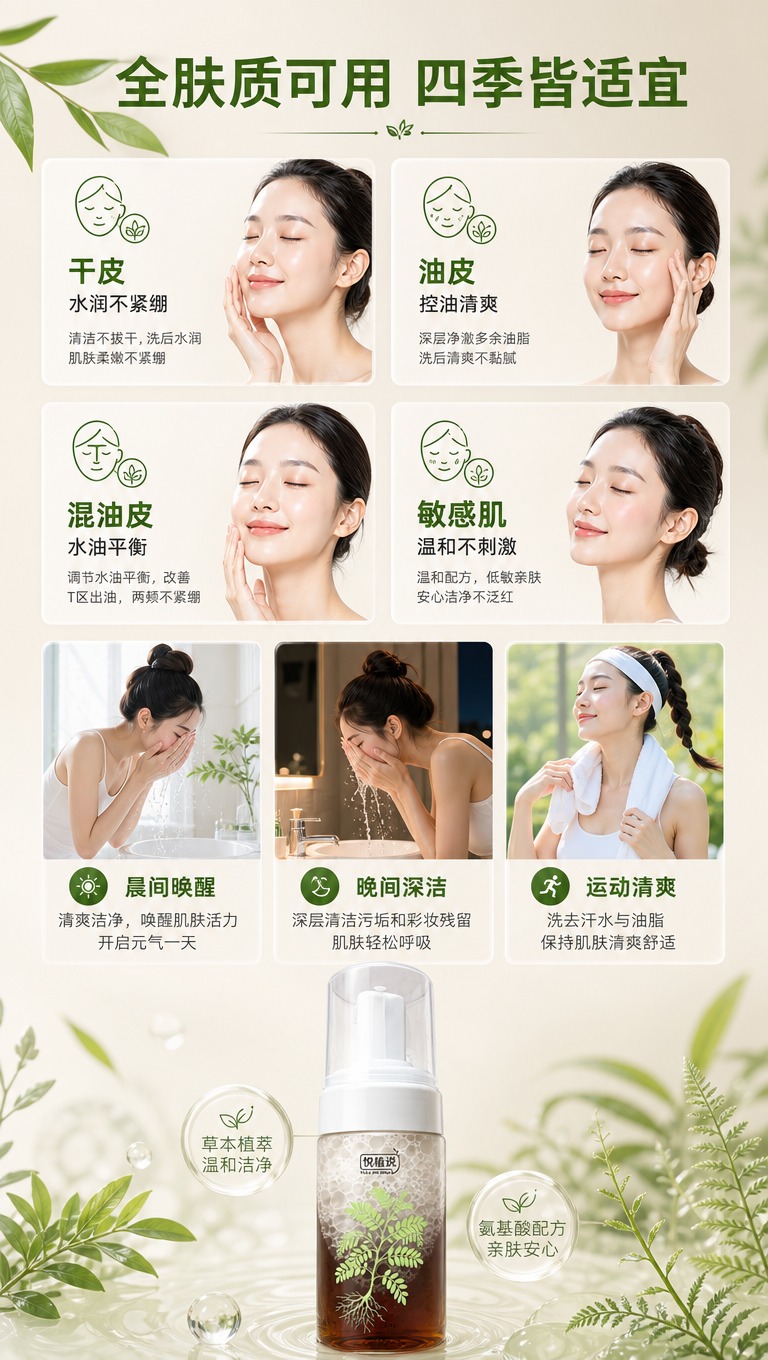 [商品] 使用【图1】悦植说草本养肤洁面慕斯瓶装；保留透明瓶身… - 图片创意预览