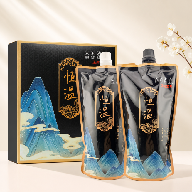 为这款恒温染发黑油产品生成展示整体包装的电商主图，保留商品包装上所有原有文字不变，使用浅色不深沉的背景，不添加任何功效相关词汇预览效果