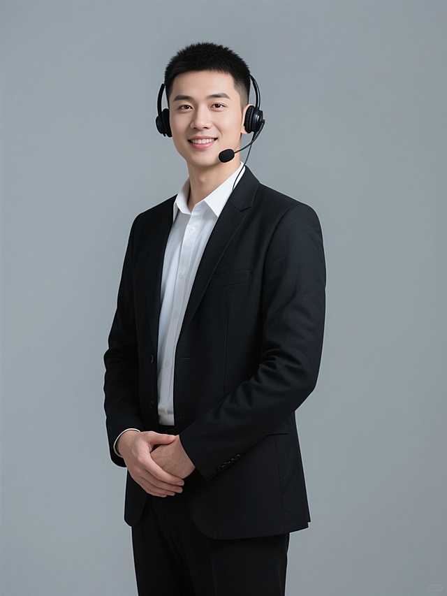 专业客服人员肖像，正面站立姿势，双手交叠于身前，佩戴黑色麦克风耳机，穿着黑色职业西装外套与白色衬衫，简洁灰色背景，柔和均匀的正面光源，清晰的面部表情与职业形象，高清晰度商业人像摄影风格，人物性别为男性，短发，面部轮廓分明，眼神专注且友好，保持专业客服的职业气质与着装规范，整体画面简洁大方，突出职业形象与亲和力。