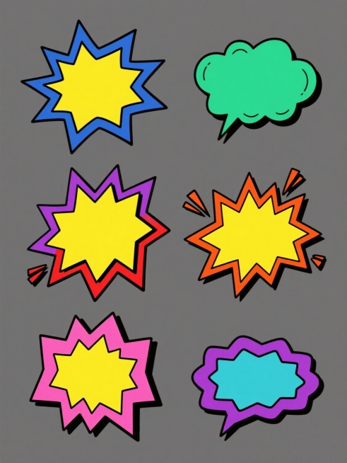 六个不同形状的漫画风格爆炸对话框集合，每个对话框保持相同的黄色填充、红色外轮廓和黑色线条装饰元素，整体色彩变换为六个不同色系（如蓝色系、绿色系、紫色系、橙色系、粉色系、青色系），所有对话框规整地排列在纯色背景上，保持卡通手绘风格和简洁的视觉效果。预览效果