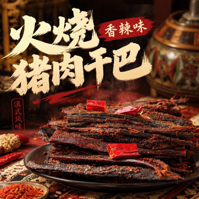 香辣味火烧猪肉干巴，滇式市井香辣写实美食风，融合国潮粗手写字体 + 民族轻软装，食欲冲击力强，地域标签清晰，凸显产品主体，文字少，1:1方形构图电商主图预览效果