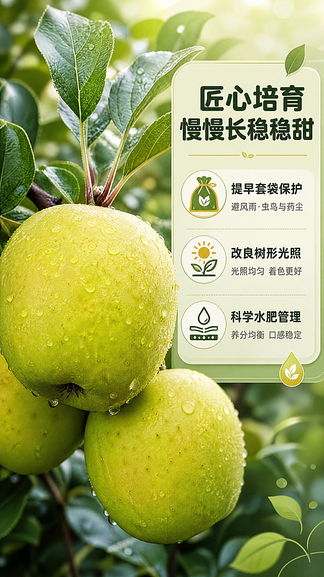 [商品] 使用【图4】带细密果点的青苹果特写；保留苹果青黄渐变果皮、表面细密褐色果点、带水珠的新鲜质感、深绿叶片与红色果柄；不改变苹果颜色、果点分布和自然形态，增强果皮质感与水珠通透感，让果实细节更清晰。
[画面] 目标：匠心培育篇，讲套袋保护与精细化种植。构图：右文左图，左侧约60%为苹果微距特写主体，右侧约40%为文字与培育示意信息卡；主体占画面约55%，前景是带水珠的苹果大特写（果点清晰可见），中景是叶片与果枝，远景虚化果园绿叶，形成3层景深；阅读动线从右上到左下。场景：精细化管理的苹果园，柔和自然光下果实饱满健康，体现精心培育的品质感。
[视觉] 套系策略：风格=生鲜农特产地清新自然商业摄影风；标题字=粗黑体圆润字形，亲切有食欲；正文字=简洁无衬线体，清晰易读；主色=青苹果绿；背景延展=基于青苹果绿做深浅层级，从深绿果园到浅绿渐变天空，搭配自然叶片纹理与柔和光斑；强调色=暖金黄色，仅用于小面积标签、图标和高光点缀；标题色=深森林绿；正文色=深墨绿；组件=圆角浅绿信息卡、细叶形引线、水滴形标签；光影=侧前方柔和自然光，突出果皮果点纹理与水珠高光，整体细腻有质感。
[文字] 右上主标题「匠心培育 慢慢长稳稳甜」，下方3个带图标的培育卖点：「提早套袋保护」配小字「避风雨·虫鸟与药尘」，「改良树形光照」配小字「光照均匀 着色更好」，「科学水肥管理」配小字「养分均衡 口感稳定」；文字区放在右侧浅绿信息卡上，不遮挡苹果主体，所有文字横向排版。
[规格] 图片比例9:16竖版，4K，负向提示：避免变形、错字、文字过小、苹果果点消失、果皮过于光滑失真、水珠虚假、冷蓝灰主色调、绝对化极限词。