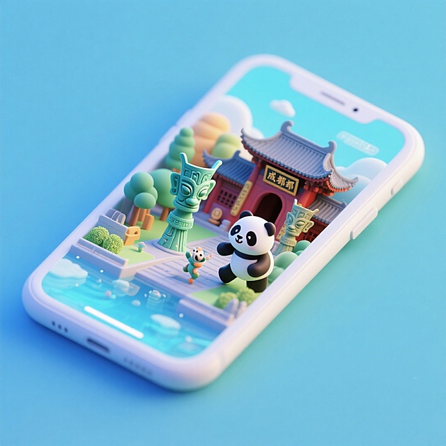 软3D风格手机微缩场景，熊猫与古蜀元素萌趣互动，清新梦幻，卡通感十足，呈现成都文化虚拟现实体验。
