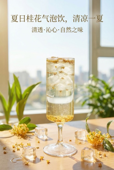 基于这杯桂花气泡冰饮，生成一张夏日饮品宣传海报，保留原饮品清透质感，简约清新风格，窗边木质桌面场景，添加柔和氛围感预览效果