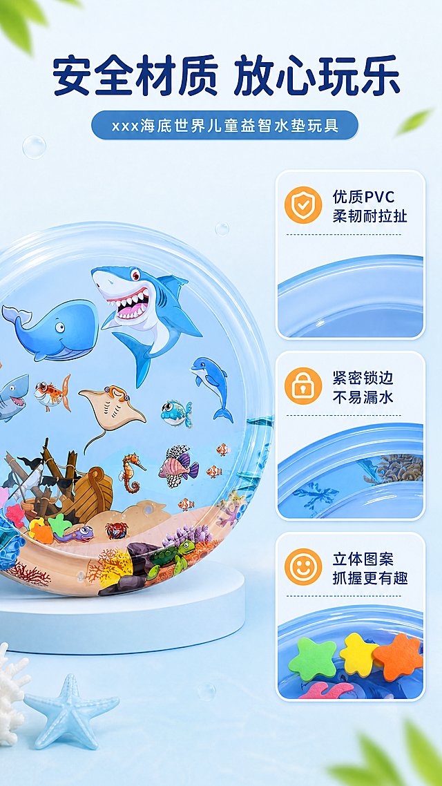 [第2屏] 淘宝天猫详情页核心卖点页，xxx海底世界儿童益智水垫玩具，使用【图1】展示商品整体。本屏主打安全材质卖点，介绍产品核心优势。[氛围/风格]干净安心风格，浅蓝柔和背景，亲子友好氛围，商业清晰质感。[元素布局]左侧大面积放置水垫产品图，占据画面50%宽度，保持圆形结构和海洋图案和原图一致；右侧分三个圆角卡片展示卖点，每个卡片配简单图标。元素包含安全PVC材质展示、锁边工艺、密封防漏结构。主体占比清晰，文字不遮挡产品。[光影质感]均匀柔和光线，突出产品透明质感，卡片区域干净明亮，信息清晰。[配色色系]全局底色#F0F8FF，左侧产品保持原有配色，右侧卡片使用浅蓝色底深蓝色文字，点缀橙色图标。[视角构图]左图右文布局，正面平视，信息层级清晰。[文字版式]顶部大标题"安全材质 放心玩乐"，深蓝色粗体；右侧三个卖点卡片文字分别是："优质PVC 柔韧耐拉扯"、"紧密锁边 不易漏水"、"立体图案 抓握更有趣"，文字大小适中，清晰可读，圆角卡片设计，符合童趣风格。[比例分辨率]9:16竖版比例，4K分辨率，文字清晰可辨，超高清。[负向提示词]商品变形，结构错误，颜色偏差，文字错乱，水印，产品图模糊，背景杂乱