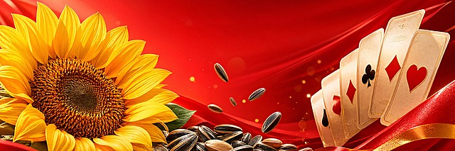 红色主题宣传横幅设计，以鲜艳喜庆的大红色为主色调，背景有细腻的渐变和光影层次。画面左侧有一朵盛开的金黄色向日葵，花瓣饱满层次分明，花盘纹理清晰。中间区域散落着一些炒熟的葵花籽，颗粒饱满色泽自然。右侧有纸牌游戏元素，几张纸牌呈优美的弧形排列，造型精致。整体横向构图，元素布局均衡协调，红色背景有光泽和质感，商业宣传风格，高清细腻，画面精美，无任何文字
