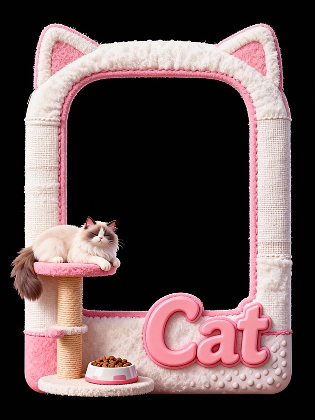 边框上方有猫耳，白粉色调，融合玩具模型，左下角布偶猫在猫爬架上面，猫爬架下面有个猫粮盆；边框环绕短绒材质、帆布材质与橡胶纹理，边框上标有 “Cat” 。