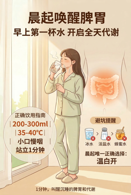 保持画面人物、场景、元素完全不变，修正所有错误文案：顶部标题改为“晨起唤醒脾胃 早上第一杯水 开启全天代谢”；左侧圆形信息框内文字改为“正确饮用指南 | 200-300ml | 35-40℃ | 小口预览效果