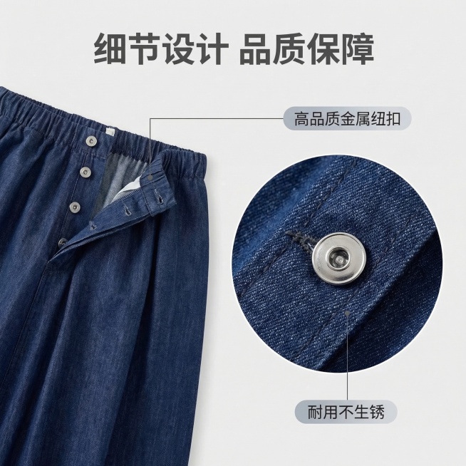 参考上传的牛仔裙电商选项图风格，生成1:1比例的牛仔裙电商选项图，浅灰色背景，包含产品展示与细节标注，内容为牛仔裙纽扣配件细节展示，标注文字说明高品质金属纽扣、耐用不生锈，整体风格简约清爽，符合电商选预览效果