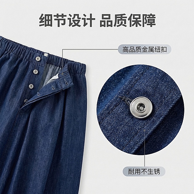 参考上传的牛仔裙电商选项图风格，生成1:1比例的牛仔裙电商选项图，浅灰色背景，包含产品展示与细节标注，内容为牛仔裙纽扣配件细节展示，标注文字说明高品质金属纽扣、耐用不生锈，整体风格简约清爽，符合电商选项图规范，和参考图视觉效果一致