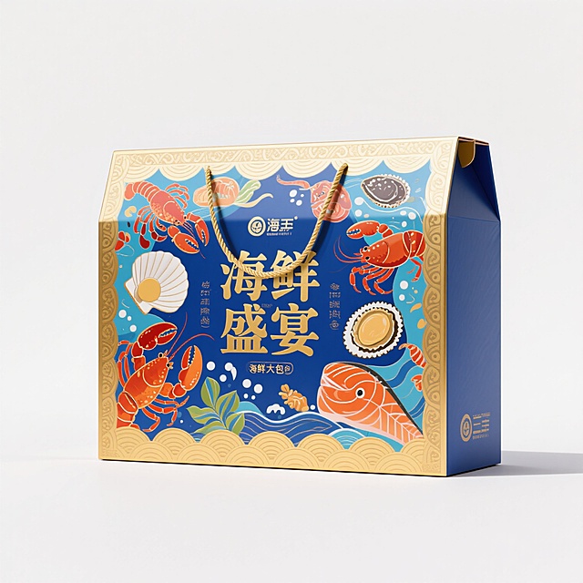 一个精美的海鲜大礼包包装外观，主体色调为蓝色和金色，象征海洋与尊贵。礼包正面印有“海鲜盛宴”四个金色大字，字体华丽大气，周围环绕着各种海鲜元素图案，包括龙虾、螃蟹、扇贝、鲍鱼、三文鱼等，图案色彩鲜艳，细节丰富。礼包边缘有金色的波浪形花纹装饰，整体设计高端喜庆，适合节日送礼场景，背景为纯净的白色，突出礼包主体