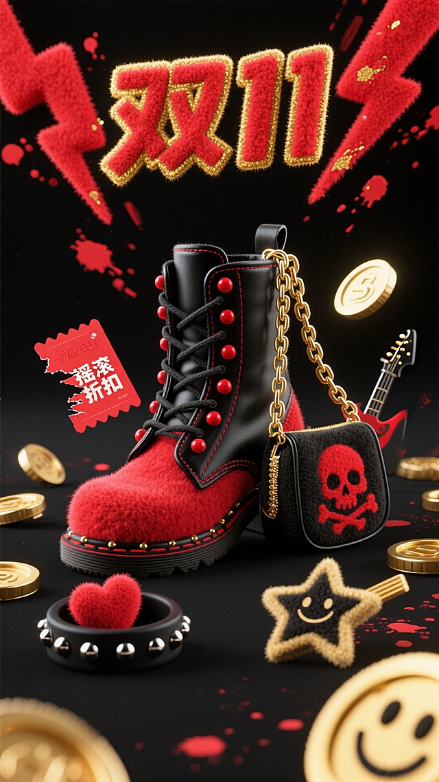 红黑系靴子搭配骷髅、吉他等元素，结合金币，营造双 11 个性摇滚购物氛围
