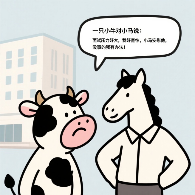 一只小牛对小马说：面试压力好大，我好害怕，小马安慰他，没事的我有办法！预览效果