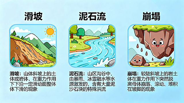 小学生地质灾害科普PPT页，卡通风格，分三栏展示滑坡、泥石流、崩塌的基础定义和对应卡通示意图