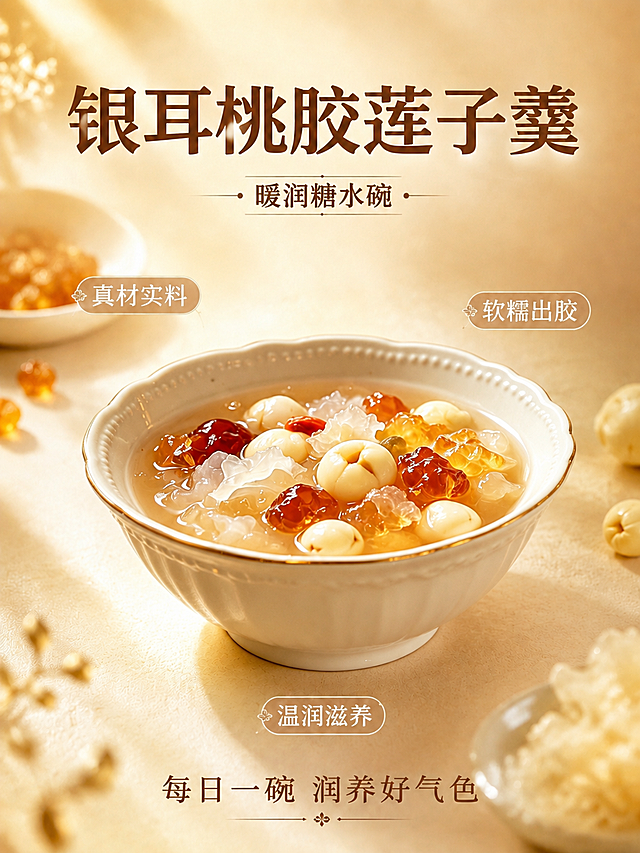 将图1海报中央的银耳桃胶莲子羹产品，替换为图2中的食品：带花边碗口、碗身有竖纹浮雕的白色瓷碗盛装的银耳桃胶莲子羹，保留图2中碗的造型、花边口、竖纹纹理、食材组成与摆放样貌、材质质感，产品外形与图2保持一致。保留图1海报的整体版式、背景、所有文字（主标题"银耳桃胶莲子羹"、副标题"暖润糖水碗"、三个卖点标签"真材实料""软糯出胶""温润滋养"、底部文案"每日一碗 润养好气色"）、装饰元素（周围的桃胶、莲子、银耳小碟等）和暖米色温润光影氛围。产品为画面第一视觉焦点，位于画面中央偏下，文字不遮挡产品主体，整体风格统一为写实商业摄影风，暖调温润，版式精美，四周留足安全边距。