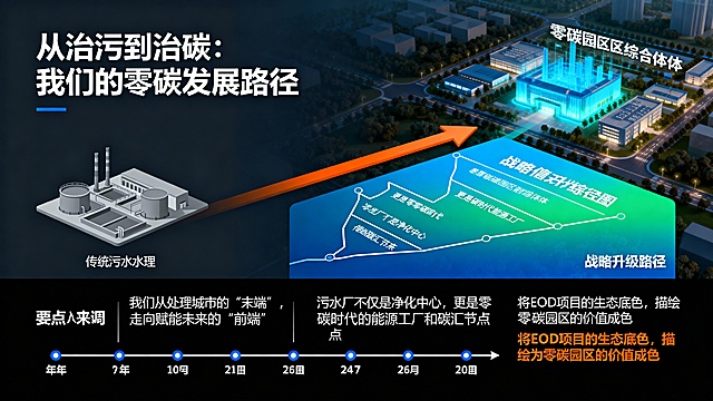 专业科技感PPT页面，标题“从治污到治碳：我们的零碳发展路径”，左侧传统污水处理厂图标（冷灰色调，低饱和度），右侧零碳园区综合体（蓝绿渐变主色调，高亮度），中间橙色箭头连接，箭头途经区域为战略升级路径图（信息图表形式，蓝绿渐变底色配白色线条文字），底部为政策时间轴（黑色底配白色年份与蓝色事件节点），要点金句“我们从处理城市的‘末端’，走向赋能未来的‘前端’”“污水厂不仅是净化中心，更是零碳时代的能源工厂和碳汇节点”“将EOD项目的生态底色，描绘为零碳园区的价值成色”用橙色突出显示，线条利落，光影层次分明