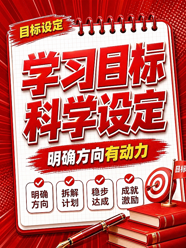 红色立体字风格开学季竖版海报，红色线圈笔记本构图，深红色放射背景。画面比例3:4竖版。背景深红色放射光线+波点装饰。画面主体是白色线圈笔记本，带网格纹理，顶部红色线圈环。左上角红色笔刷标签写着"目标设定"，黄色文字。中央超大号红色立体字主标题分两行：第一行"学习目标"，第二行"科学设定"，带白色描边，视觉冲击力强。下方红色笔刷底纹配白色文字副标题"明确方向有动力"，"有动力"三个字用金黄色突出。底部四个白色圆角对勾框横向排列，红色对勾图标："明确方向""拆解计划""稳步达成""成就激励"。右下角装饰：堆叠的红色书本、红色钢笔、靶心旗帜。整体红色放射背景，商务大气有冲击力，文案超大醒目。画面中所有信息区域必须填充完整合理的内容，不得出现空白框。