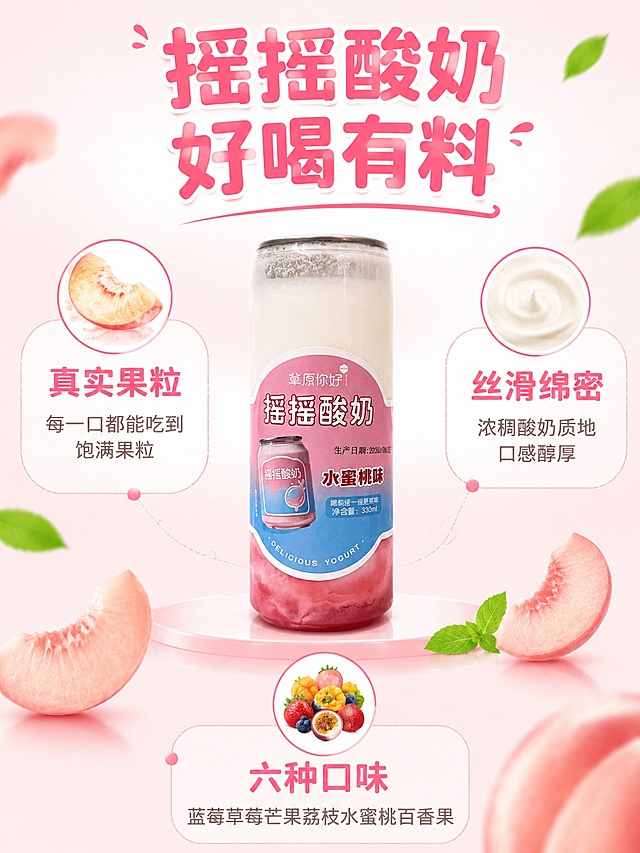 [第2屏] 核心卖点屏-摇摇酸奶三大卖点拆解。本屏使用【图1】水蜜桃味作为中心产品主体。
[氛围/风格] 清新简约 信息清晰 年轻活力 商业摄影质感。
[元素布局] 画面中央放置一瓶水蜜桃味摇摇酸奶（保持产品外观与输入产品图一致 杜绝任何变形和色差），瓶身占比约40%。周围三个方向分布三个卖点图标区：左上 右上 下方各一个卖点模块。背景是浅粉白渐变 点缀水蜜桃切片和薄荷叶。
[光影质感] 顶部均匀柔光打亮产品 瓶身有自然高光 整体明亮干净。
[配色色系] 全局底色 #FFFAFA 极浅粉；主色水蜜桃粉；辅助色奶白 嫩绿 浅橙。
[视角构图] 正面平视 中心产品为视觉焦点 阅读动线呈放射状 从中心产品向三个卖点扩散。
[文字版式] 三个卖点分别为：
左上：图标+"真实果粒" 大字标题+"每一口都能吃到饱满果粒" 小字说明；
右上：图标+"丝滑绵密" 大字标题+"浓稠酸奶质地 口感醇厚" 小字说明；
下方：图标+"六种口味" 大字标题+"蓝莓草莓芒果荔枝水蜜桃百香果" 小字说明。
顶部居中"摇摇酸奶 好喝有料" 圆润粗体粉色标题。所有文字清晰可读 不遮挡产品主体。
[比例分辨率] 3:4 竖版比例 4K分辨率 文字清晰可辨 高清画质。
[负向提示词] 变形 水印 文字错乱 文字过小 缺件错件 结构错误 颜色偏差 包装文字错乱 产品图模糊 背景杂乱。