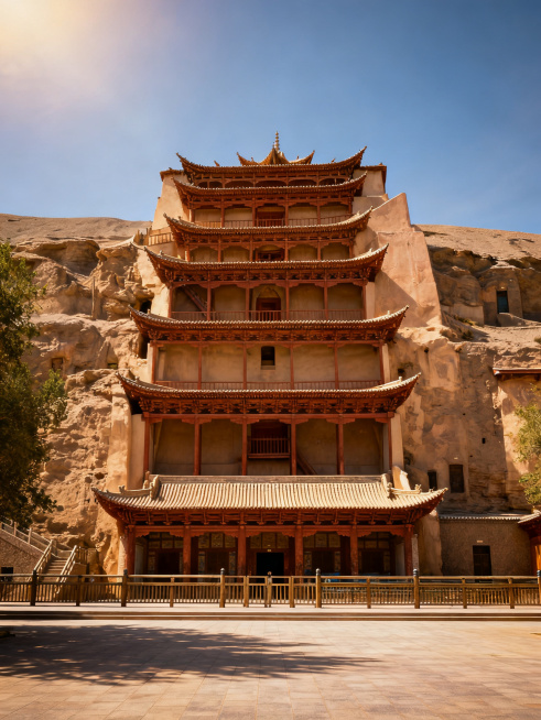 敦煌莫高窟正面建筑风景，写实摄影风格，宏伟壮观预览效果