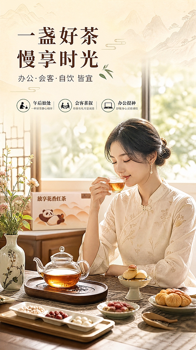 [商品] 使用【图1】中的工夫茶壶与放享花香红茶元素；保留茶壶玻璃质感与红茶汤色；产品作为场景道具自然融入，包装可在背景虚化露出。
[画面] 目标为下午茶场景种草页，营造优雅品茗生活方式；亚洲年轻女性（25-35岁，温婉气质）坐在新中式茶桌前，右手持杯品茗，桌上摆放玻璃茶壶（茶汤金黄）、茶点、插花，背景为落地窗+柔和自然光，产品礼盒在侧后方虚化摆放；人物占画面40%，茶席与茶具占画面45%，氛围温馨治愈。
[视觉] 套系策略：风格=新中式雅致茶礼商业摄影风；标题字=宋体衬线粗体（东方韵味）；正文字=简洁无衬线体；主色=暖米杏+茶金；背景延展=基于暖米杏做深浅渐变、同色系山水纹理和宣纸质感；强调色=墨绿+红茶棕，仅用于小面积图标、引线、标签和标题点缀；标题色=深茶褐；正文色=暖灰棕；组件=圆角金边信息卡、细线引线、中式云纹分隔；光影=窗边自然暖光，柔和逆光勾勒人物轮廓。
[文字] 左上主标题"一盏好茶 慢享时光"，副标题"办公·会客·自饮 皆宜"；下方3个场景标签：午后独处、会客茶叙、办公提神；文字横向排版，不遮挡人物脸部与茶具主体。
[规格] 图片比例9:16竖版，4K，避免变形、错字、文字过小、冷蓝/蓝灰主色、人物表情僵硬。