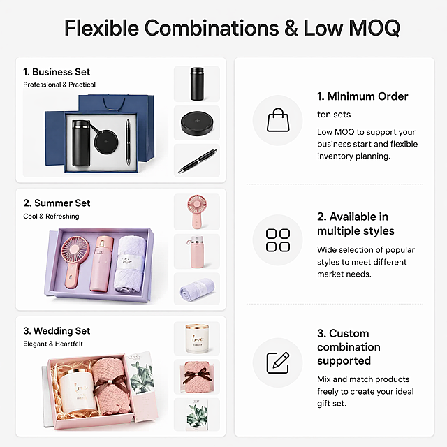 [第7屏] Flexible combination & specification page, show options and ordering info. [氛围/风格] Clean information layout, professional and easy to read. [元素布局] Left side shows three popular combination examples (business set/ summer set/ wedding set) with small previews from different images, right side shows specification text in card layout. Keep product appearance consistent with original images. Light gray background. [光影质感] Uniform soft lighting, clear text and product, no harsh shadows. [配色色系] Global background #F5F5F5, information cards white #FFFFFF, text dark gray #333333. [视角构图] Left product right text layout, clear separation, good readability. [文字版式] Top main title "Flexible Combinations & Low MOQ", centered. Text content: 1. "Minimum Order: ten sets" 2. "Available in multiple styles" 3. "Custom combination supported". All English, clear organization. [比例分辨率] 1:1 square, 4K resolution. [负向提示词] product deformation, text blur, overlapping layout, Chinese characters, wrong numbers