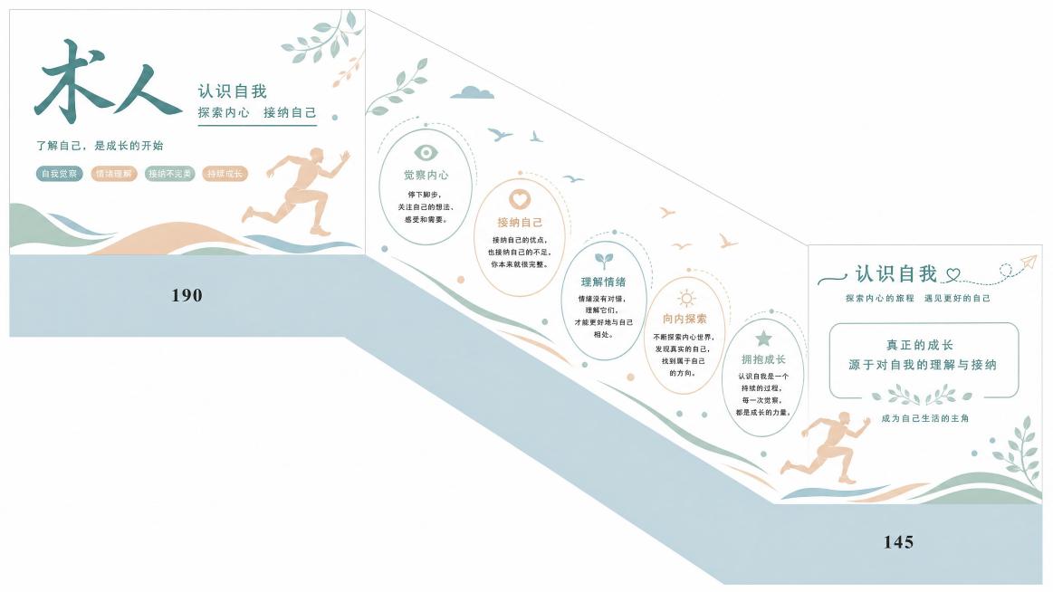 楼梯间文化墙设计，主题“术人”，参考图清新简约现代风格，莫兰迪浅色调，奔跑人物剪影装饰，内容为认识自我主题，包含标题“认识自我”和阐释探索内心接纳自己的文案，高清矢量图，文字清晰可见，内容和参考图不重预览效果