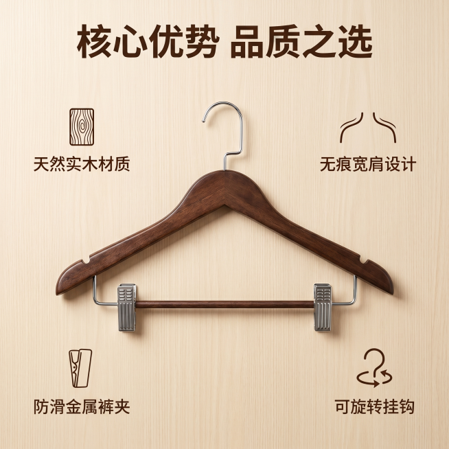 [主图 2] 实木衣架核心卖点展示图。[氛围风格]轻奢简约复古风，高级极简商务风，干净实用质感。[画质]商业摄影质感、光线柔和通透、产品清晰真实、画面干净高级。[元素]深棕色实木带夹子衣架居中，周围环预览效果