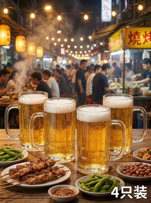 电商SKU图，四个和参考图杯体形态、把手位置完全一致的左把手直纹加厚透明玻璃啤酒杯，装满冰啤酒，摆放在夜市大排档木质餐桌上，周围有烤串小菜，暖黄灯光充满烟火气，右下角标注清晰文字"4只装"，严格保留原预览效果