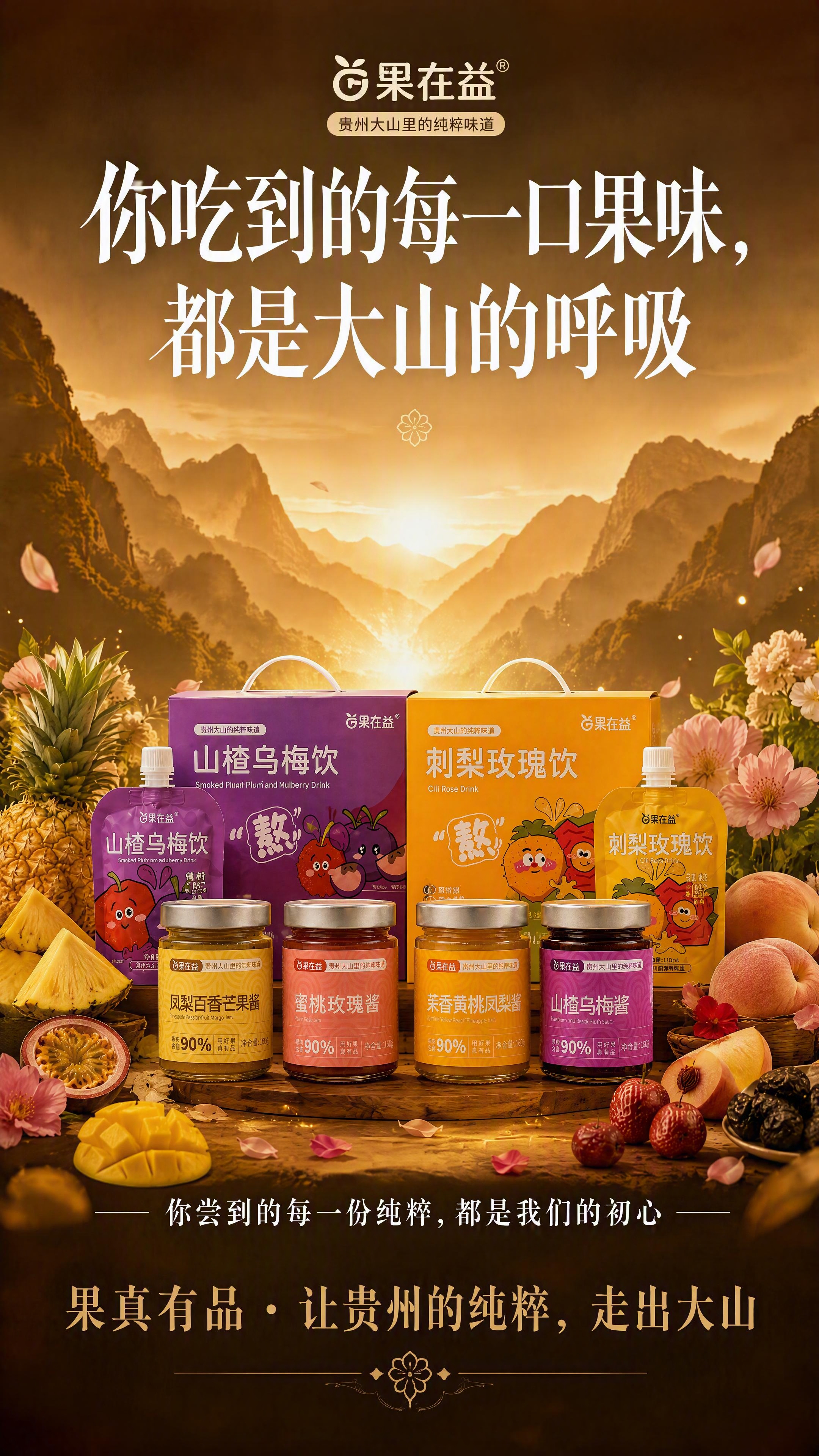 将图三（大山背景品牌海报）中的所有产品替换为图一和图二中的主体… - 图片创意预览
