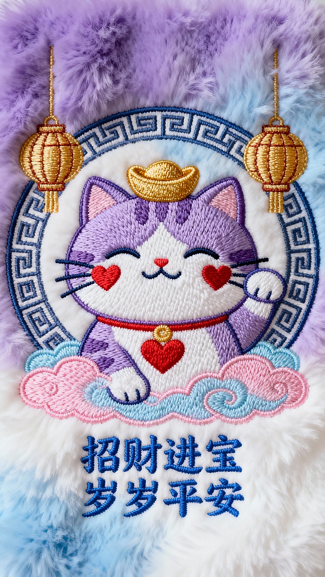 紫绒底招财猫抱心坐祥云，灯笼垂 “招财进宝，岁岁平安”，萌趣纳吉