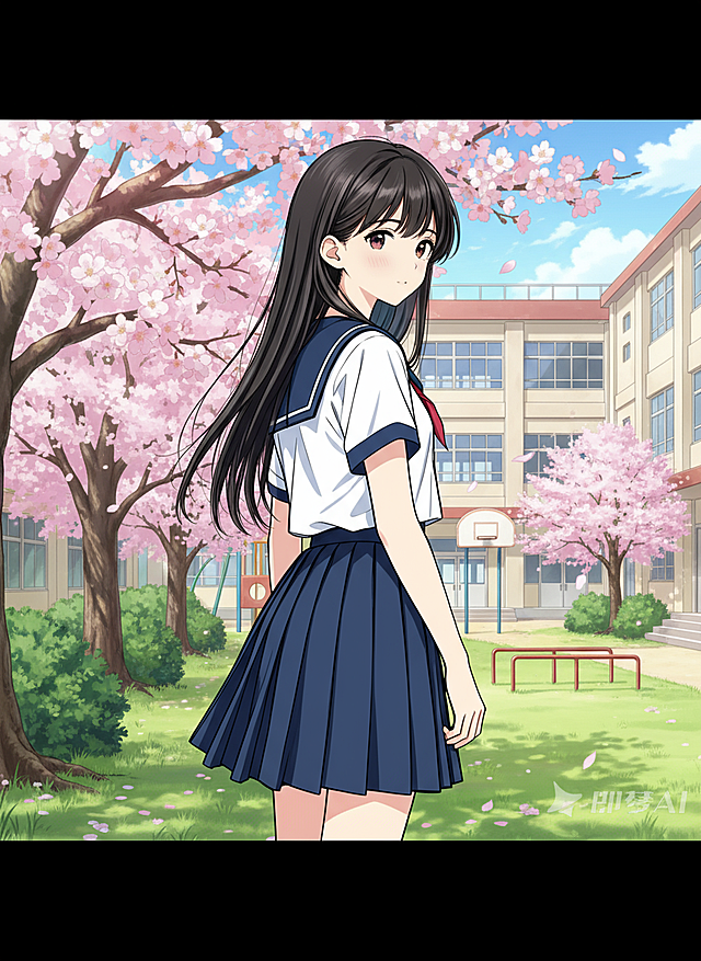 清新动漫风，少女在樱花树下回眸，校园背景，色彩柔和，充满春天的气息。