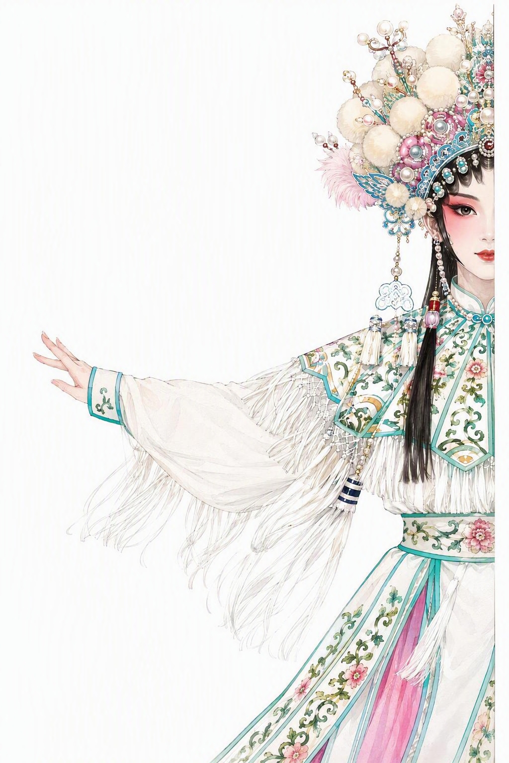保持画面中京剧戏曲人物的造型、服饰、头饰、姿态、水彩手绘风格完… - 图片创意预览