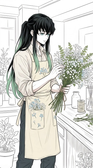 参考原图风格，绘制花店服务员时透无一郎，带有满天星元素，更换为不一样的服装和不一样的动作，简洁线稿背景，保持原图的日系漫画线稿风格预览效果