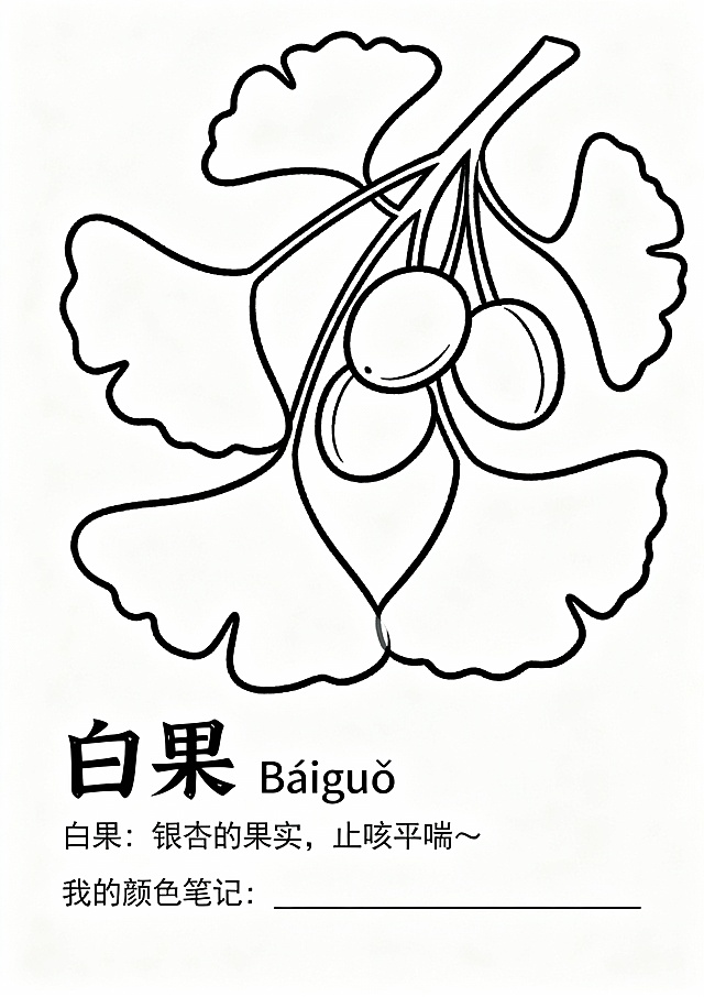 以下是针对 **36种常见中草药填色画** 的更新版设计指示语，适用于“成果长廊”展区或“互动体验区”作为学生填色与学习素材，延续 **清晰手绘线稿风格 + 趣味知识标注** 的设计方向。

---

### **中草药填色画系列设计指示语（36种）**

#### **一、 设计定位**
- **用途**：供学生观察中草药外形特征并进行填色创作，兼具植物认知、美育与中医药文化启蒙功能。
- **风格**：简洁、准确的手绘黑白线稿，重点突出植物形态特征，线条清晰流畅，适合儿童填色。
- **规格**：A4 单幅（210mm × 297mm），可统一装订成《我的中草药填色图鉴》或单张放置于填色体验区。

#### **二、 36种中草药建议清单**
（兼顾常见性、形态辨识度、儿童安全性及文化代表性）


7. **陈皮**（可绘橘皮或柑橘整体）  
8. **蒲公英**  
9. **红枣**  
10. **生姜**  
11. **山楂**  
12. **金银花**  
13. **鱼腥草**（折耳根）  
14. **藿香**  
15. **桑叶**（附桑椹可选）  
16. **荷叶**  
17. **莲子**（附莲蓬）  
18. **甘草**  
19. **黄芪**  
20. **当归**  
21. **茯苓**（可绘块茎或饮片）  
22. **板蓝根**（绘植株）  
23. **决明子**（绘豆荚或种子）  
24. **薏苡仁**（薏米植株或种子）  
25. **山药**（绘块茎及藤叶）  
26. **白果**（银杏叶与果实）  
27. **花椒**  
28. **紫苏**  
29. **马齿苋**  
30. **车前草**  
31. **夏枯草**  
32. **芦根**（芦苇根茎）  
33. **玉米须**  
34. **玫瑰花**（药用玫瑰）  
35. **桂皮**（肉桂树皮或叶片）  
36. **麦冬**（绘植株与块根）

#### **三、 单幅画面内容与布局**
1. **主图区**（约占版面2/3）：
   - 手绘该草药整体或典型部位线稿（如全株、果实、叶片等），特征清晰。
   - 线条粗细适中，关键结构可稍加阴影提示（如叶脉、果皮纹理），但仍以留白填色为主。

2. **文字信息区**（位于下方或侧边，统一位置）：
   - **草药名称**：中文 + 拼音（如“枸杞 Gǒuqǐ”），字体可稍大。
   - **趣味小知识**：一行简短介绍，如：
     - “枸杞：亮眼睛的小红果，常泡水喝哦～”
     - “荷叶：夏天清热好帮手，还能包饭香喷喷！”
     - “甘草：中药里的‘和事佬’，调和百味。”
   - **可预留“我的颜色笔记”空白行**：让小朋友填写自己使用的颜色或心情。

#### **四、 设计扩展建议**
- **分类展示**：可将36种分为4-6组，如：
  - “果實与种子类”（枸杞、桂圆、山楂…）
  - “叶与全草类”（薄荷、艾草、桑叶…）
  - “根茎类”（生姜、甘草、山药…）
  - “花类”（菊花、金银花、玫瑰花…）
- **配套互动**：
  - 设计“草药颜色任务卡”：提示真实草药颜色，如“薄荷叶是绿色的，你能找出几种绿？”
  - 设置“我最像哪种草药？”自喻互动墙，与体质漫画卡呼应。
- **印制与使用**：
  - 建议使用120-150g素描纸或环保打印纸，方便彩铅、蜡笔、水彩笔上色。
  - 可设计封面与封底，装订成册，作为活动纪念品。